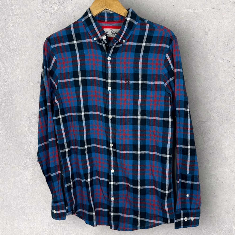 NEW Original Penguin Blue Plaid‎ Long Sleeve Shirt Mens Size Small Button Down S
